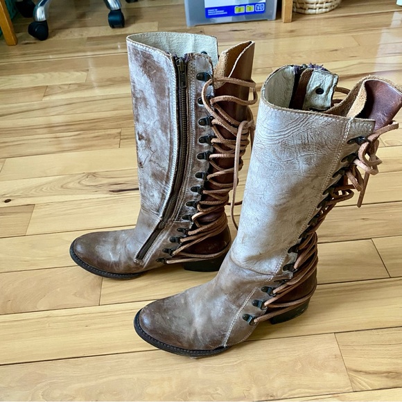 Freebird Reese Brown and Cream Leather Tall Lace Back Knee Height Boots - Picture 3 of 10